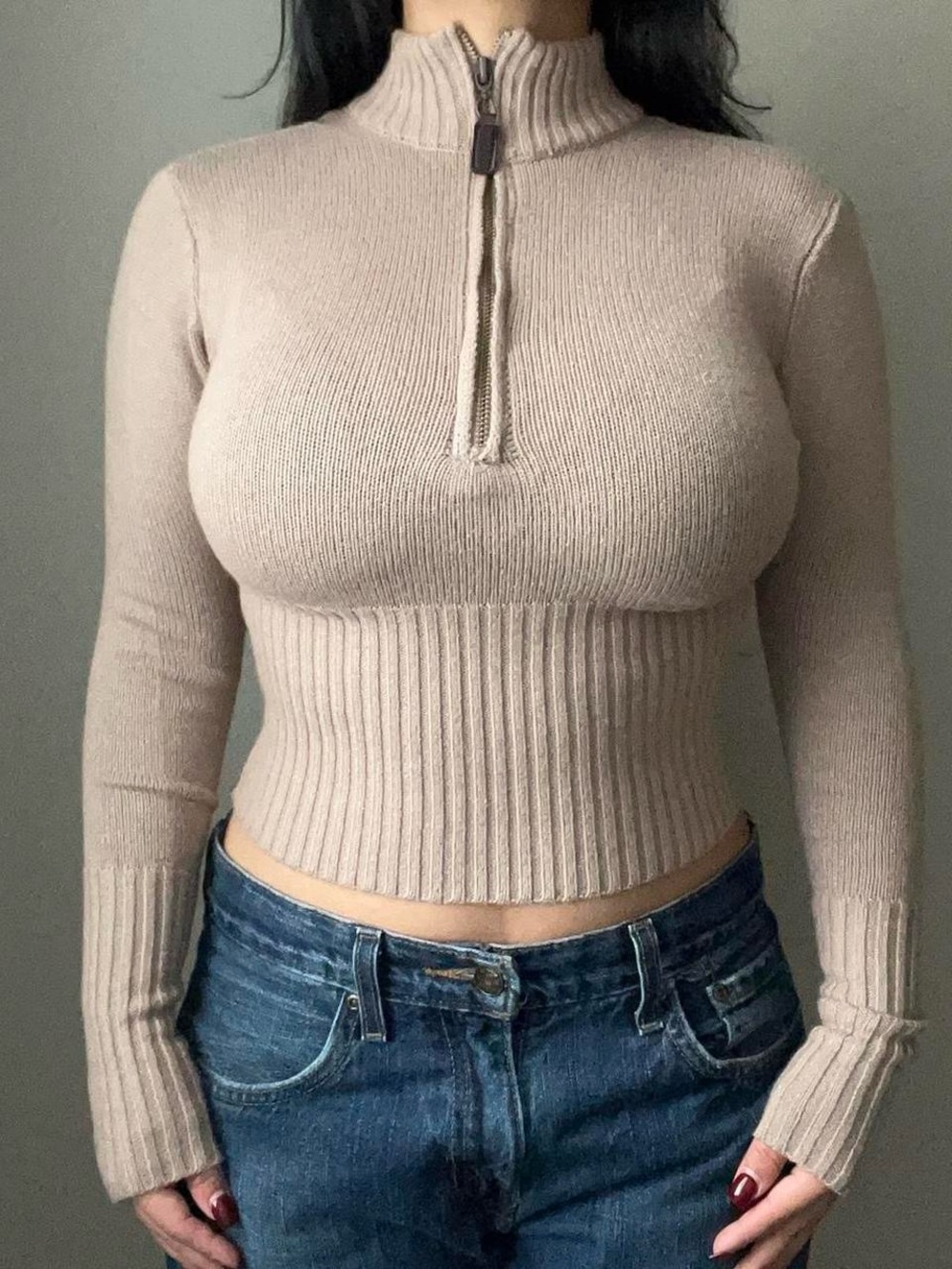 Camel Brown Knit Half Zip Long Sleeve Top